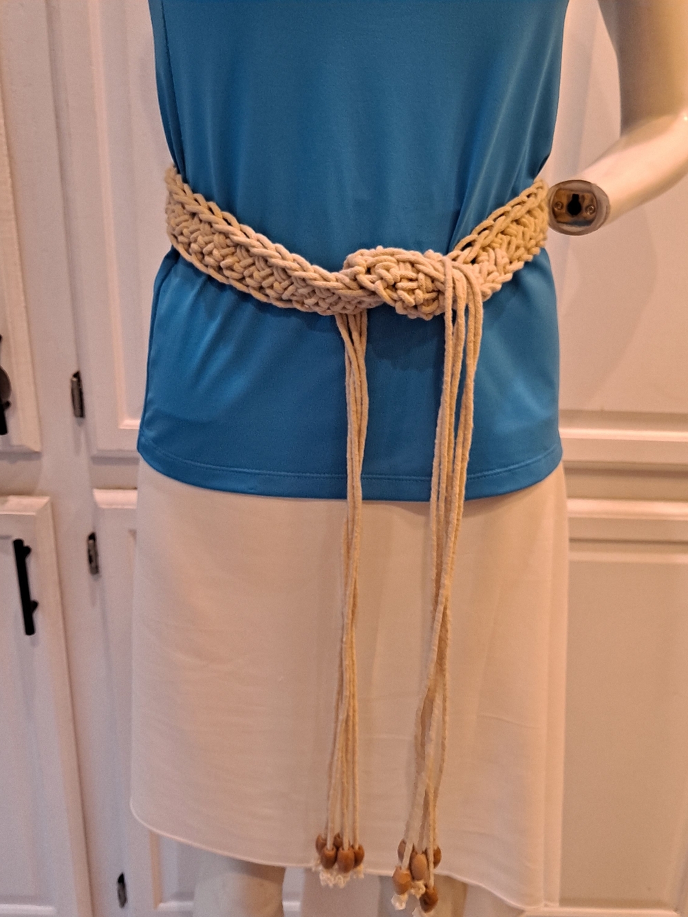 Artisan Handwoven Tan Macramé Waist Belt with Tassels & Wood Beads Bohemian Boho